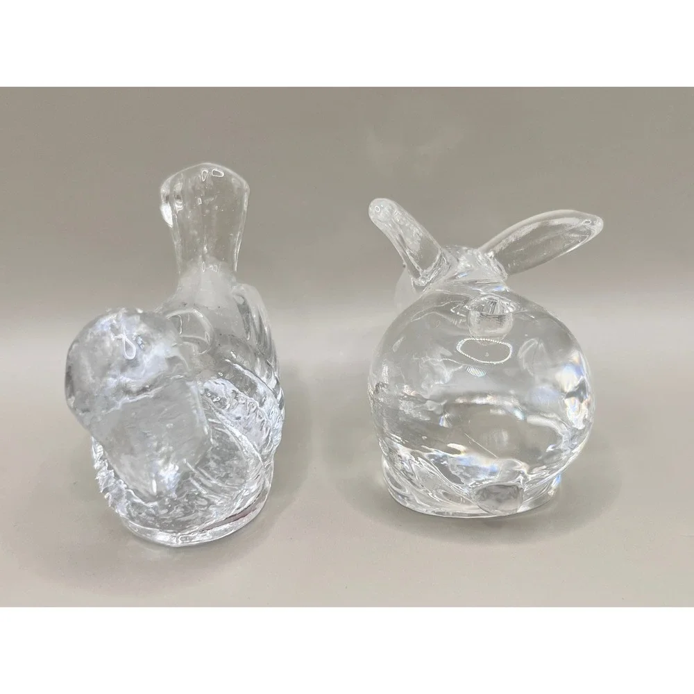 Set of 2 Clear Art Glass Small Taper‎ Candlestick Holders - Rabbit & Bird 2.25